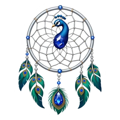 a Silver Dreamcatcher with sapphire-stones and emerald-stones, and with peacock-feathers. Big sapphire gem in the middle. Many tiny emerald gems around it.   sticker