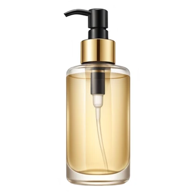 elegant semi-transparent pump bottle filled with pale golden to clear liquid, slightly glossy and lightweight, cylindrical bottle with curved pump top and clean lines, skincare product style, no label, no extras, soft lighting, subtle shadows, emoji scale sticker