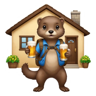 otter with a backpack holding a beer entering a house sticker