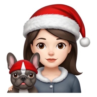 brunette woman with a dark grey French bulldog both wearing Santa sticker