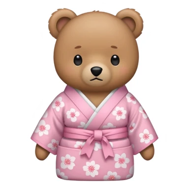 A cute light-brown bear wearing a pastel pink sakura-patterned kimono, normal balanced body ratio.  
Arms crossed with a slight pout, daring “wanna get scolded?” expression.  
Kawaii emoji style, minimalistic clean sticker illustration, white background.
 sticker