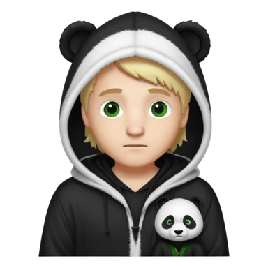 A white man with green eyes, medium-length blond hair, wearing a panda hoodie and black pajama-like robes. sticker
