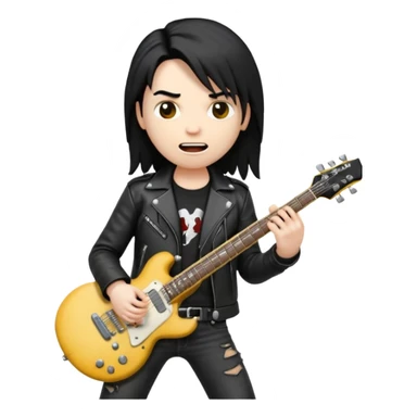 3D Apple-style emoji of a metal musician holding an electric guitar with a bold "ROCK" sign above. Long hair, black leather jacket, ripped jeans, intense expression. Rounded, glossy, smooth, soft shadows, white background.











 sticker