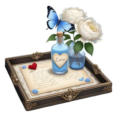 On a lace-trimmed tray rests an ornate glass bottle filled with a soft blue love potion, next to an aged love letter sealed with a wax heart. A delicate pearl butterfly gently perches on the edge of the envelope, while petals of white peonies and pale blue hydrangeas are scattered around. sticker