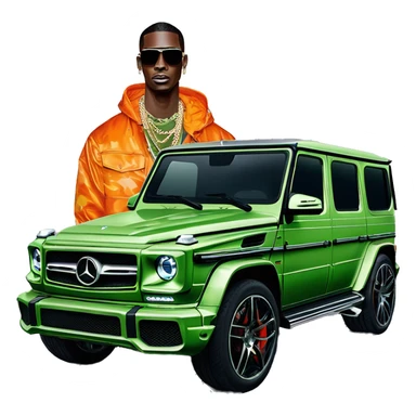 Young Dolph luxury clothes,blue diamond chain on,near his car, just opened drivers side car door to his all orange and green colored,whole car painted army camouflage, Mercedes G Wagon sticker
