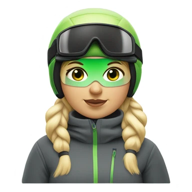 Green-eyed, fat female skier with medium-length straight blonde hair no curls, snow goggles on top of helmet, white ski helmet, gray snow jacket, green ski gloves, long black pants rolled up at the bottom, black only snow boots standing tall. sticker