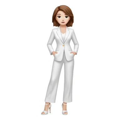 Chica blanca, traje pantalón blanco ancho, zapatos blancos tacon pelo recogido con mechones sueltos castaño ycuerpo entero sticker