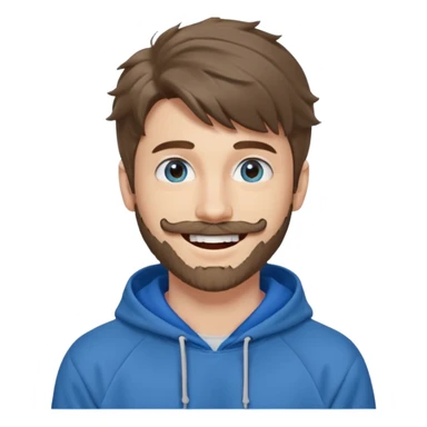 20 year old man, short scruffy beard and thin moustache, brown puffy mullet, blue eyes, big smile, white teeth, big lips, pronounced jaw, hair longer in back, sticking up on top, thin face, grey hooded sweatshirt, pale skin, big smile, blue eyes, puffy hair that is long in back sticker