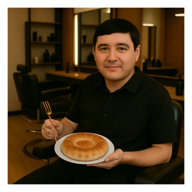 Replace the man's face in the original photo with the face from the second image. Keep the setting, lighting, body, and the bread plate exactly the same. Make sure the new face blends naturally with the skin tone and lighting of the original photo. The man should still be sitting in a barbershop chair, holding a plate with Uzbek bread and a fork, wearing black clothes sticker