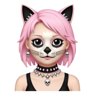 Thick black beaded choker with cat skull, silver spikes and light pink  sticker