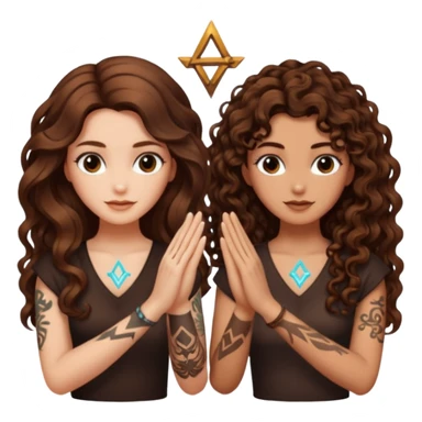 shared idea — long wavy brown hair tattooed woman and short tight curly brown hair woman — glowing rune between hands sticker