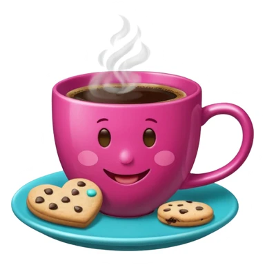 cup of coffee, steaming, the smoke should come out in the shape of a heart, the color of the cup is fuchsia, the cup has a happy face printed on it, the cup rests on a turquoise blue plate, and there are cookies and sugar cubes around the cup. sticker