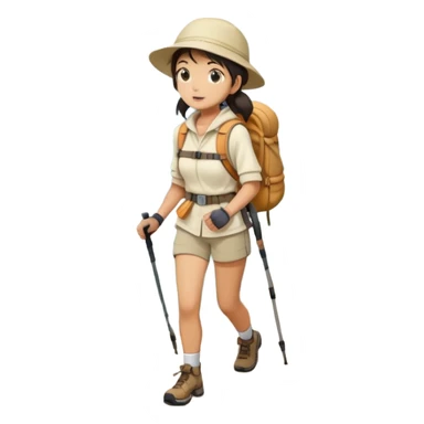 Full body japanese woman hiking on mountain trail cream clothes sticker
