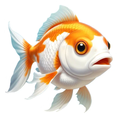 Cinematic Noble Orange and White Goldfish Portrait Emoji, Poised and regal, with a sleek, streamlined build and a vibrant body featuring a harmonious blend of orange and white hues, deep-set soulful golden eyes, Simplified yet sharp and sophisticated features, highly detailed, glowing with a soft, dignified glow, high shine, intelligent and graceful, stylized with an air of aquatic artistry, focused and attentive, soft glowing outline, capturing the essence of a watchful and confident aquatic companion, so majestic it feels as though it could glide out of the screen with effortless authority! sticker