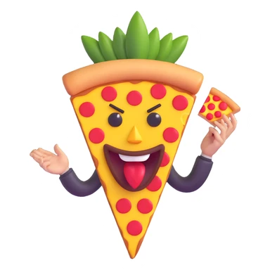 cartoon pizza slice with pineapple, red devil horns, mischievous face sticker