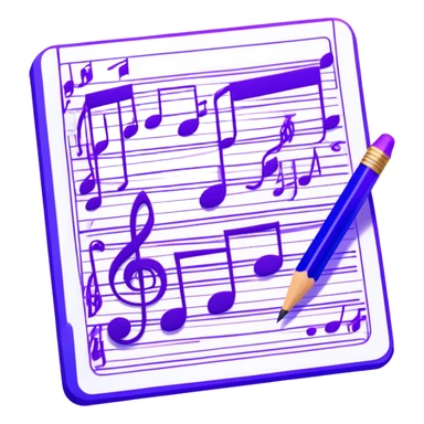 Emoji that represents music track writing. The design should feature a music composition sheet with musical notes and song lyrics, a digital audio workstation (DAW) interface or soundwaves, and a pencil or pen to symbolize the writing process. Add a touch of technology with subtle elements like sound mixing sliders or waveform graphics. Use a blend of vibrant and inspiring colors, such as electric blue or neon purple, to evoke a sense of creativity and innovation. The background should be transparent. sticker