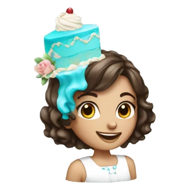 Brunette girl with highlights of cyan with cake sticker