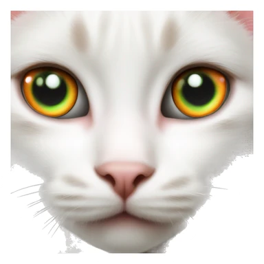 White kitten with orange and black spots  Green eyes, pink nose  Black spot on left eye  Orange spot on right eye sticker