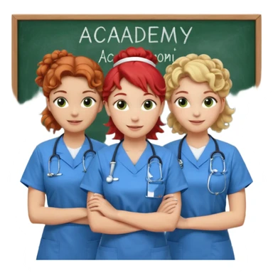 3 nurses: nurse 1 is wearing green work clothes, curly hair, middle european. nurse 2 is wearing blue work clothes, blond straight hair, scandinavic, nurse 3 is wearing white work clothes, red hair put into a bun, slavic. they all stand in a classroom, "Academy" written in white on board sticker