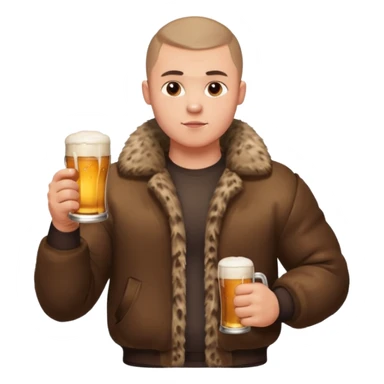 „A strong Russian young man with a buzz cut, muscular build, wearing a bear fur coat, holding a beer in one hand, confident expression, snowy background, Slavic aesthetics sticker
