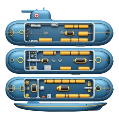 submarine floorplan, detailed interior, top-down, showing living quarters, torpedo room, engine, flat simple emoji style sticker