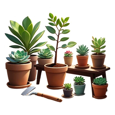 Close-up of a potted sapling in rich soil surrounded by vibrant plants and succulents. Bright sunlight filters through the window, casting soft shadows. Nearby gardening tools rest on a wooden table. Cozy indoor atmosphere with greenery and flowers. sticker