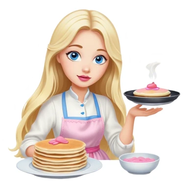Cinematic realistic beautiful blonde with long hair, blue eyes and pink lips in a white dress cooks pancakes sticker