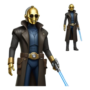 bounty hunter tarnished undercover tough well-equipped Jedi  life-sized darkblue-pearl C3po leather vest clothing pants and vest old west duster coat holding light saber sheriff sticker