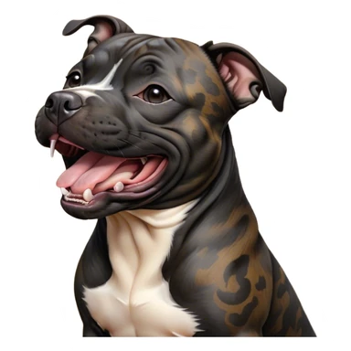 Cinematic Cute Yawning Black/Brindle Staffordshire Bull Terrier Portrait Emoji, Head tilted slightly with a dramatic, wide-open yawn, showcasing a smooth Fur with a striking black and brindle pattern, floppy ears slightly drooping, round dark eyes barely open in drowsy contentment, Simplified yet irresistibly adorable features, highly detailed, glowing with a soft, cozy glow, high shine, relaxed yet expressive, stylized with a touch of whimsy, bright and endearing, soft glowing outline, capturing the essence of a sleepy yet affectionate guardian, so drowsy it feels like it could stretch right out of the screen and curl up for a nap! sticker