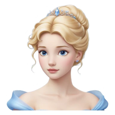 Cinematic Realistic Cinderella Portrait, depicted with lifelike skin texture, subtle rosy undertones, and soft natural lighting that enhances the gentle contours of her face. Her intricately detailed golden blonde hair is elegantly styled in an updo, with delicate wisps framing her face. Her deep, expressive blue eyes radiate warmth and sincerity, reflecting a quiet resilience and grace. She holds a glass slipper gently in one hand, her other hand resting gracefully at her side, emphasizing the timeless beauty of the moment. She is dressed in her iconic ball gown, the fabric shimmering with intricate embroidery and fine translucent layers that catch the light beautifully. The soft sheen of satin gloves adds a magical touch to her graceful pose. The portrait features an enchanting glow with a natural, luminous finish, seamlessly blending realism and fairytale charm to evoke a sense of depth, elegance, and timeless beauty. sticker