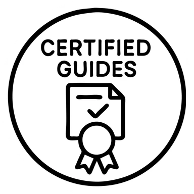 Minimalist icon for Certified Guides in black outlined style with the same color code and format as the reference images. Place a guide badge or certificate symbol inside the circle. sticker