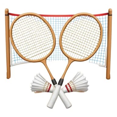 Two crossed badminton rackets with a shuttlecock resting in between, set against the faint outline of a badminton court. The image highlights the tools of the sport, with a subtle emphasis on the court's net and boundaries, symbolizing competition and skill. sticker