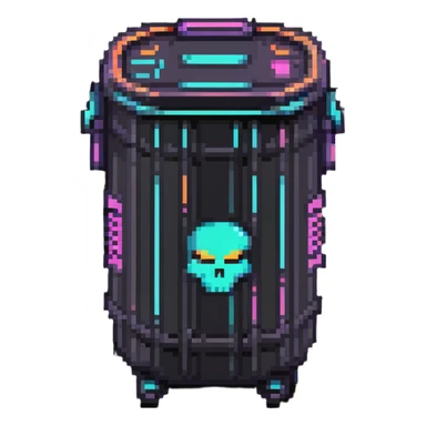 32x32 cyberpunk trash bin icon with futuristic neon elements, retro computer style sticker