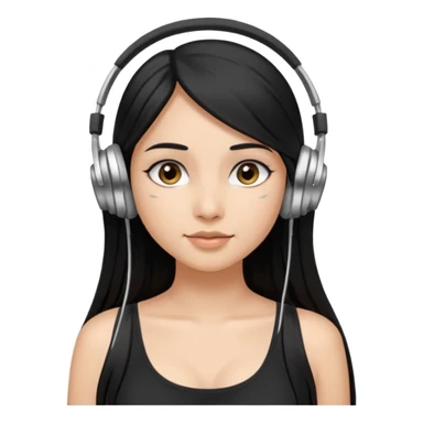a fair INDIAN girl with straight black long hair, wearing a black cami top. and wearing silver  headphones on sticker