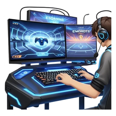 An icon featuring a gaming monitor displaying an intense esports competition, with players' hands on controllers and keyboards. A digital scoreboard and glowing energy lines surround the scene, symbolizing the excitement of competitive gaming. Transparent background highlights the world of esports. sticker