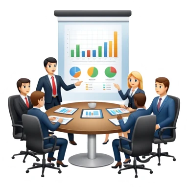 boardroom meeting with people presenting charts on a large table sticker
