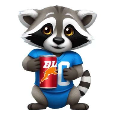 A cute raccoon holding a red bull drink, wearing a blue Detroit lions jersey  sticker