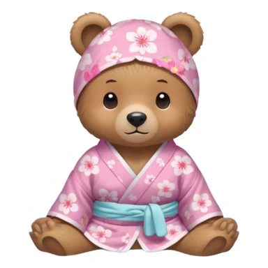 A cute light-brown bear wearing a pastel pink sakura-patterned yukata loosely, normal balanced body ratio.  
Relaxing in a warm hot spring with steam around, a small towel on the head, peaceful happy expression.  simple scenic background with rocks. sticker