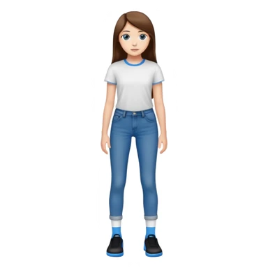Cute 16 year old white girl that has long straight brown hair wearing a white T shirt as well as long tight blue jeans with brown eyes, and her wearing black socks and blue shoes sticker