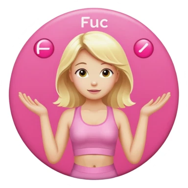 angelic blonde girl in light pink yoga outfit pushing "F U C K" pink button  sticker