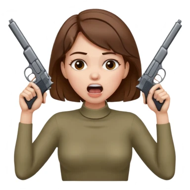 the woman emoji with brown hair and white skin choking herself  with both hands around her neck with her mouth open and two arms from behind her holding a gun in each hand point directly at her head sticker