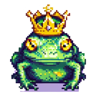 pixel art crowned frog, with a golden crown and big eyes sticker