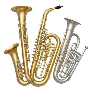 Create a professional, harmonious emoji collage symbolizing wind instruments.  The instruments should be in metallic gold, silver, and brass tones, with subtle reflections to convey a professional and polished appearance. Add soft musical notes or soundwaves to surround the instruments, creating a sense of movement and sound. The background should be transparent, ensuring all instruments are the focus and the composition remains harmonious and balanced. sticker