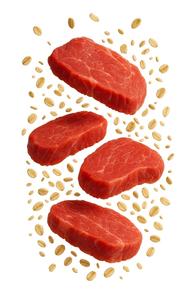 FETTINE DI CARNE FLUTTUANO IN ARIA INSIEME A FIOCCHI DI AVENA, IPERREALISTICO 4K sticker
