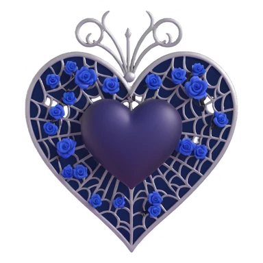 3D emoji gothic heart, midnight blue glass texture, silver spiderweb pattern, tiny black roses, mysterious and rich style sticker