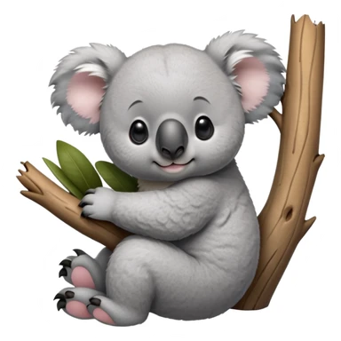 cinematic-koala-realistic-full-body-clinging-emoji,-round-plump-frame-clasped-to-a-gum-tree-branch,-soft-grey-fur-textured-and-fluffy,-oversized-fluffy-ears-twitching-slightly,-dark-expressive-eyes-peering-sleepily,-clawed-paws-gripping-bark-firmly,-simplified-yet-realistic-focused-features,-highly-detailed,-glowing-with-a-gentle-warmth sticker