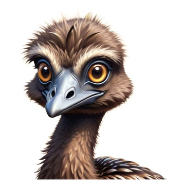 Cinematic Cute Emu Portrait Emoji, Head tilted playfully and inquisitively, featuring a glossy, textured brown plumage with a perky head and round, sparkling eyes full of curious wonder, Simplified yet irresistibly adorable features, highly detailed, glowing with a warm, friendly glow, high shine, affectionate and lively, stylized with a touch of outback whimsy, bright and endearing, soft glowing outline, capturing the essence of a mischievous yet loving emu, so playful it feels like it could gallop out of the screen into your arms! sticker