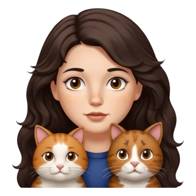 Uzun koyu kahverengi dalgalı saçlı, çenesinde beni olan ve yüzünde biraz çiller olan, iri koyu kahverengi bol kirpikli gözlü sevimli bir yüzü katlı kesim bir saçı olan kadın yap yanına da kilolu kahverengi bir kedi yap sticker