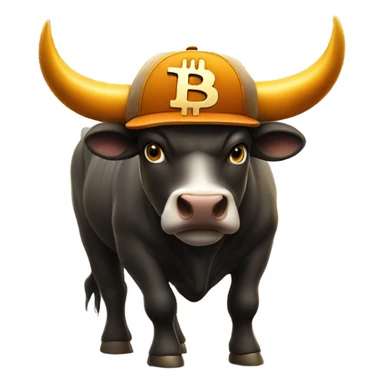 Bull ready to charge wearing bitcoin hat sticker