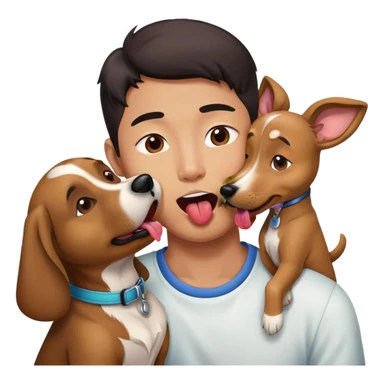 An Asian man licking a dog sticker